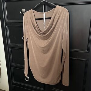 Scarlett Tan Draped Blouse with Long Sleeves